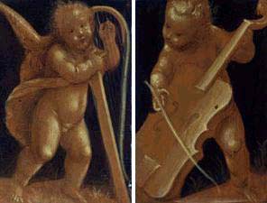 Bernardino Lanino (1512 ca-1583), attr., Angelo che suona l’arpa e Angelo che suona la viola da gamba (1560-1570), tempera a monocromo su tavola, cm 34,5x23. Vercelli, Museo Francesco Borgogna, inv. 1906, V 346-347, cat. 1969, no. 53/1-2.