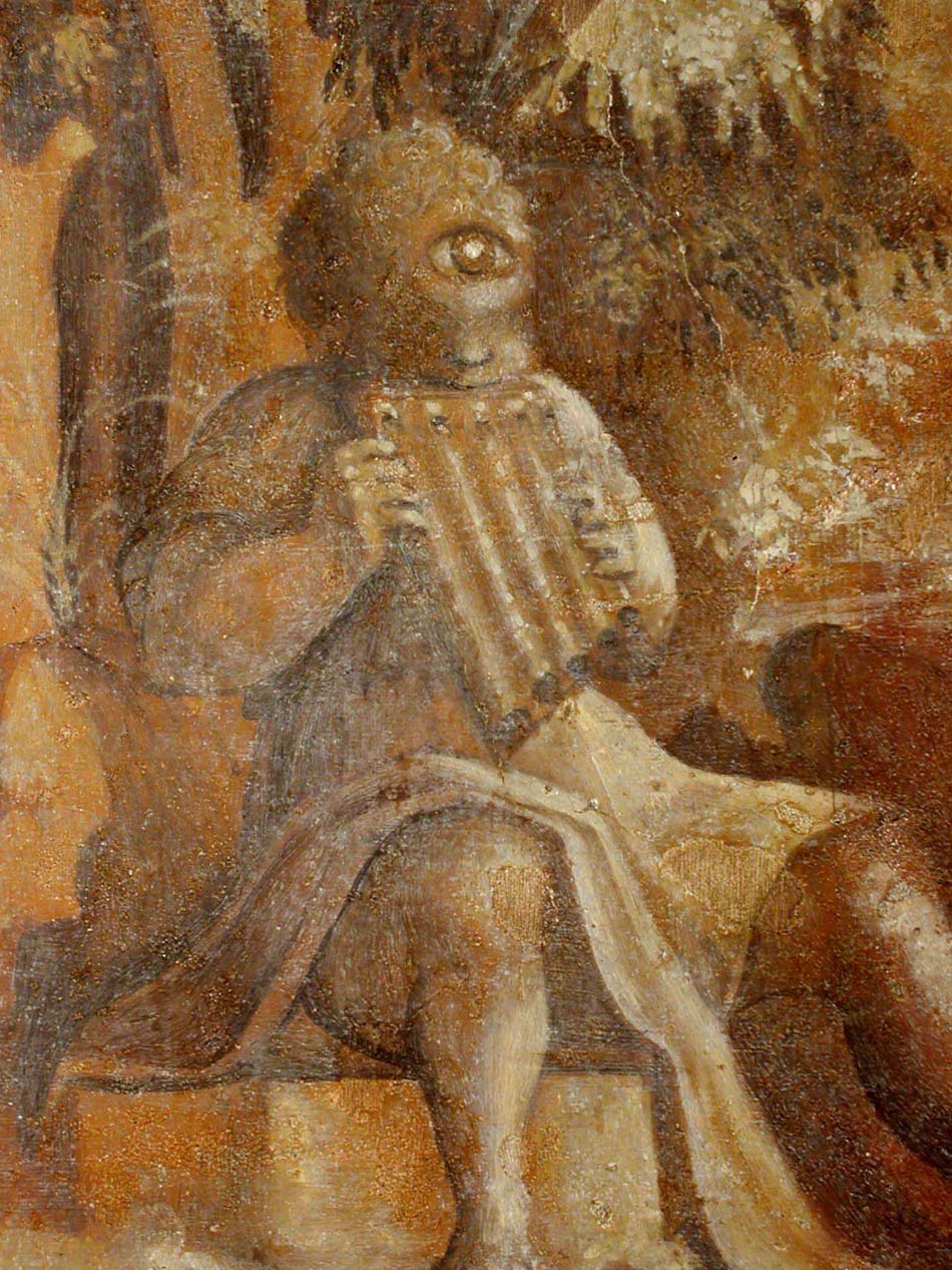 Ignoto, Ciclope (prima met?el XVI secolo), dettaglio di affresco con ridipinture a tempera; misure complessive dell’affresco 320x550x600. Vercelli, Casa Alciati-Museo Leone.